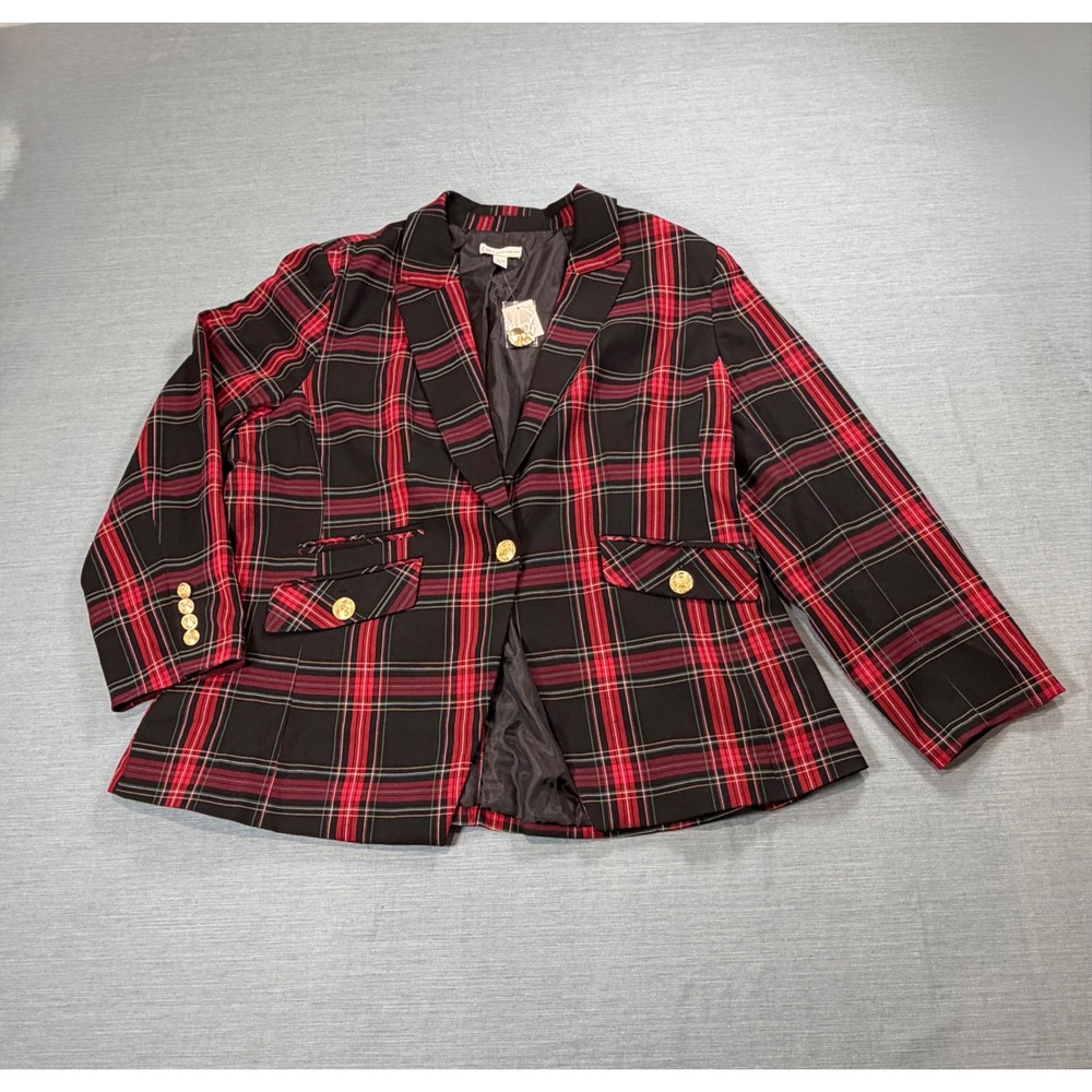 Cato Plaid Blazer Womens 22/24W Red Black Tartan Gold Button Excellent Condition